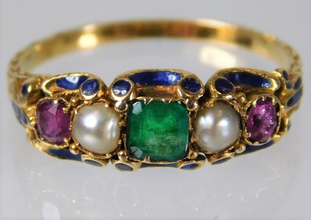 An antique yellow metal, tests as 18ct gold suffragette colour ring set with emerald, ruby & pearl w