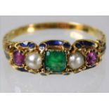 An antique yellow metal, tests as 18ct gold suffragette colour ring set with emerald, ruby & pearl w