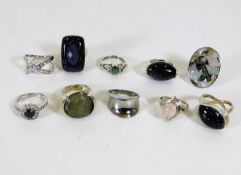 Ten silver & white metal rings set with various st