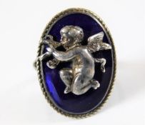 A c.1840 silver & enamel ring with flute playing c