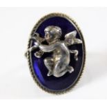 A c.1840 silver & enamel ring with flute playing c