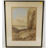 A framed watercolour depicting a ruin overlooking