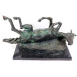 A bronze horse rolling mounted on marble base, ind