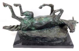 A bronze horse rolling mounted on marble base, ind