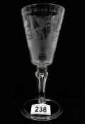 A finely etched 18thC. Dutch wine glass 8in tall