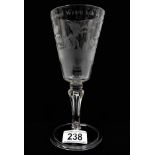 A finely etched 18thC. Dutch wine glass 8in tall