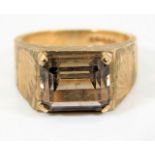 A 9ct gold bark effect smokey quartz ring 6g size