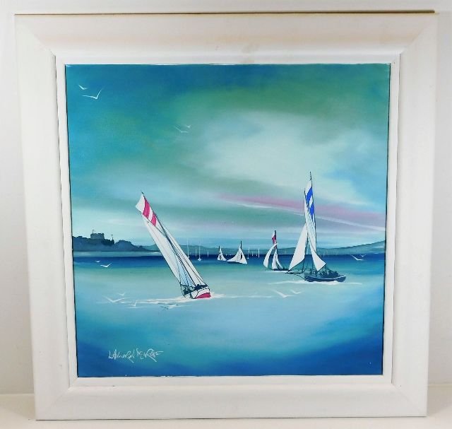 An acrylic on canvas of sailboats off of Falmouth