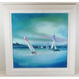 An acrylic on canvas of sailboats off of Falmouth