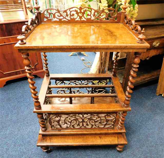 A Victorian burr walnut Canterbury with fretwork d