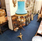 An antique style brass standard lamp with turquois