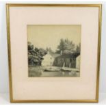 A framed watercolour of boat house by Frances Stev