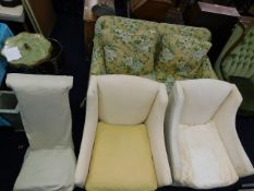 A Victorian two seater sofa, a pair of 1920s armchairs, a footstool,a 19thC. prie dieu chair & one o