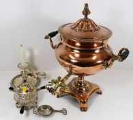 A 19thC. brass & copper samovar twinned with small