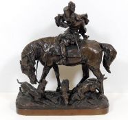 A bronze horse & rider group with hunting dogs 10.