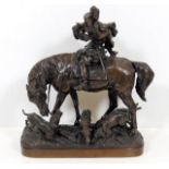 A bronze horse & rider group with hunting dogs 10.