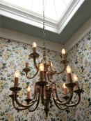 A heavy brass hanging light fitting 28.5in high wi