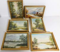 Six small framed landscape oil on panel paintings,