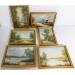 Six small framed landscape oil on panel paintings,