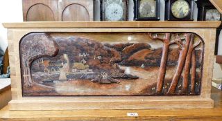 An oak coffer with carved Cornish estuary scene be