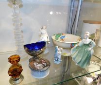 A Doulton Caprice bowl, a Doulton figure, two glas