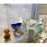 A Doulton Caprice bowl, a Doulton figure, two glas