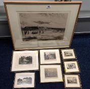 One reproduction print of hockey event twinned with seven framed antique prints