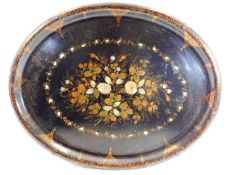 A large 19thC. lacquerware tray with gilding & mot