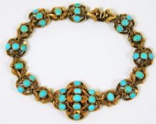 A Victorian yellow metal bracelet set with natural turquoise 12.2g tests as 15ct gold