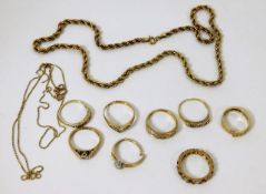 A quantity of 9ct gold jewellery including rope ch