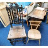 An elm childs chair twinned with an antique carved