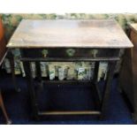 An 18thC. oak side table with drawer & brass fitti