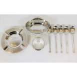 A silver fretwork bonbon dish, a silver ashtray, a silver napkin ring & five small silver spoons 164