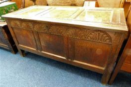 An 18thC. oak coffer with carved decor W49in x D21