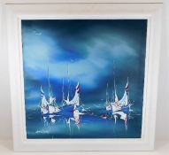 An acrylic on canvas of sailboats titled "Cornish