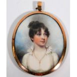 In the style of George Engleheart, an 18thC. portrait miniature watercolour depicting Hannah Frances