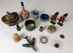 A quantity of various sundry items including a Japanese vase, a silver trinket box & silver thimble