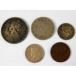 Five coins including 1896 American cent, Victorian half rupee 1884 & a 1936 New Zealand 3d