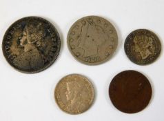 Five coins including 1896 American cent, Victorian half rupee 1884 & a 1936 New Zealand 3d