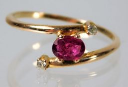 An art deco period diamond and ruby ring tests as 14ct rose gold 1.5g size L