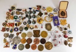 Tin of various badges, pins, sport medals & coins