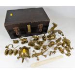 Collection of mostly good quality brass animals in wooden box