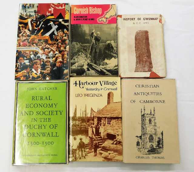 Six Cornish themed books including Christian Antiquities of Camborne by Charles Thomas