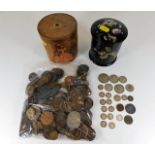 Collection of mixed coins including some silver content (weight approx 74g) and two boxes