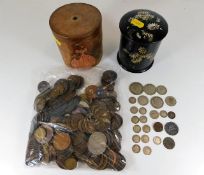 Collection of mixed coins including some silver content (weight approx 74g) and two boxes