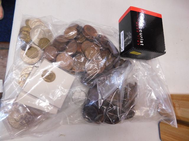 Q of mixed coins and an Accurist wrist watch