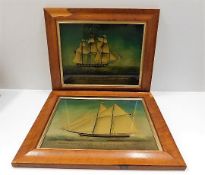 A pair of maritime reverse painted style glass pictures in maple veneered frames titled West Indiama