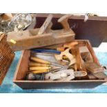 Boxed quantity of hand tools inc chisels, saws and