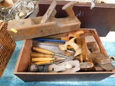 Boxed quantity of hand tools inc chisels, saws and