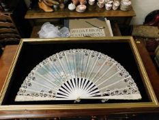 Handpainted silk fan with lace decor mounted on bo